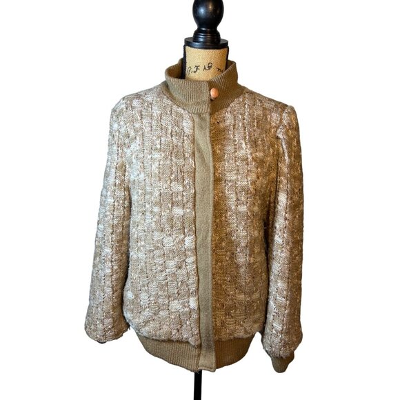 Vintage Hippie Boho Jacket Women L Beige Textured Knit Zipper & Button Closure - Picture 1 of 7